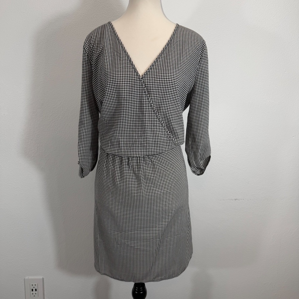 1981 GUESS Houndstooth Surplice Wrap Dress Roll Tab Black White Mini Dress M
